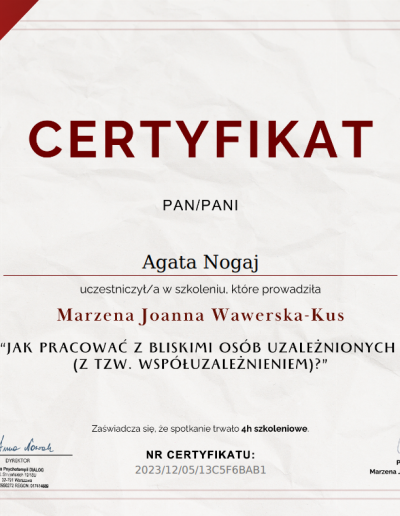 certyfikat - Agata Nogaj