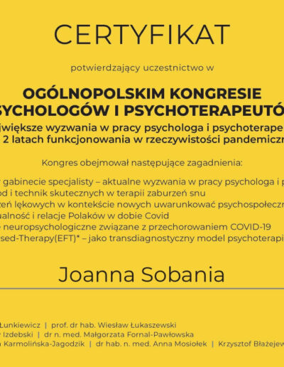 certyfikat-uczestnictwa-ogolnopolski-kongres-psychologow-i-psychoterapeutow-joanna-sobani