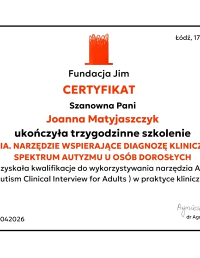 Joanna Matyjaszczyk Certyfikat